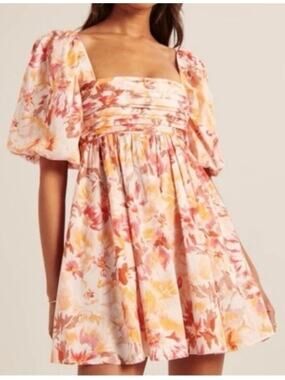 Abercrombie & Fitch Emerson Mini Dress Puff Sleeve Pleat Bodice Peach Floral XLT